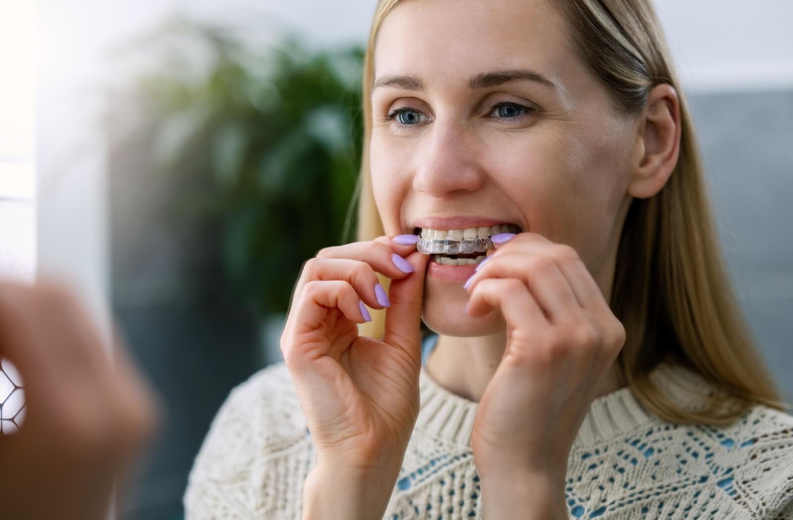An adult uses a mirror to put in their new Invisalign aligner after a check-up.